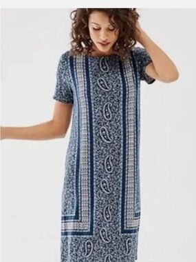 J. Jill Navy and White Paisley Midi Shift Dress Size LP